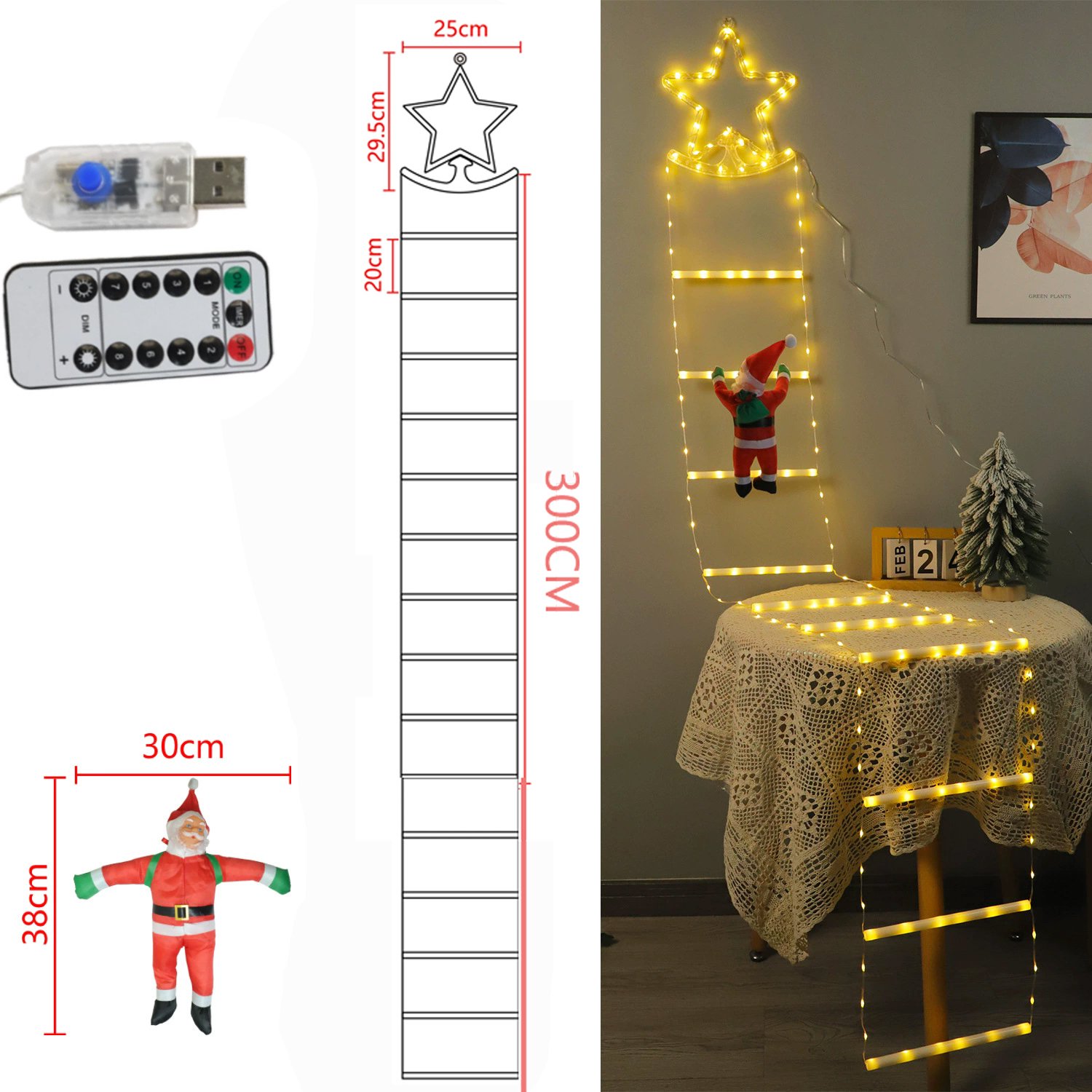 Kerstverlichting met Kerstman op ladder - 3,2 m 295 LEDs kerst lichtsnoer met 8 modi, USB aangedreven met afstandsbediening - LED klimmende Kerstman Kerstversiering voor buiten, binnen, raam, balkon, kerstboom decoratie – foto 2