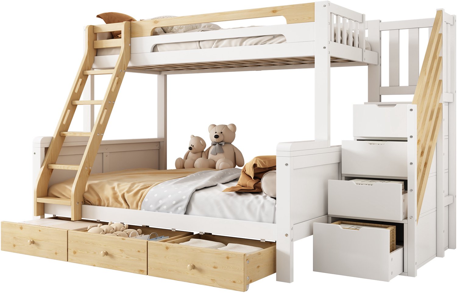 WUVRIE Stapelbed 90x200 en 140x200 cm - Opbergtrap, ladder, 3 bedlades en uitvalbeveiliging - Wit/naturel