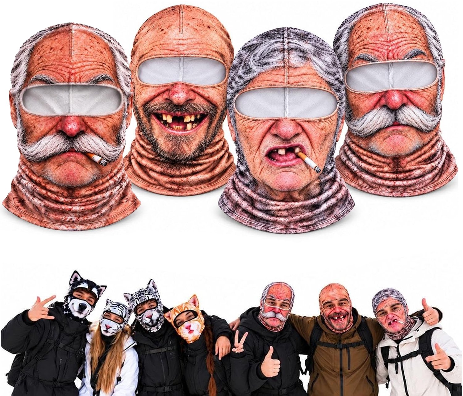 Set van 4 Ski Maskers Man 3D Winter voor Mannen Realistische Gezichtsmasker met Nekbedekking Geschikt voor Skiën Motorrijden Fietsen Buiten & Feesten Leuk Origineel Cadeau voor Wintersportliefhebbers Cyslmuk® Grappige Oude Heren
