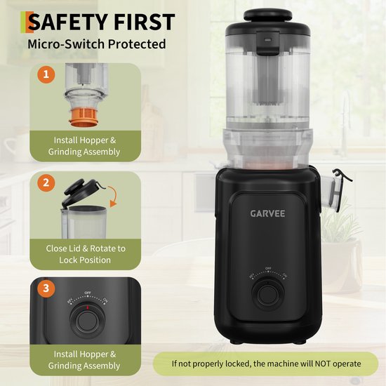 Koudpers Slowjuicer – XXL Vulopening – 98% Rendement – BPA Vrij – Fluisterstil – Eenvoudig te Reinigen – Zwart — afbeelding 4