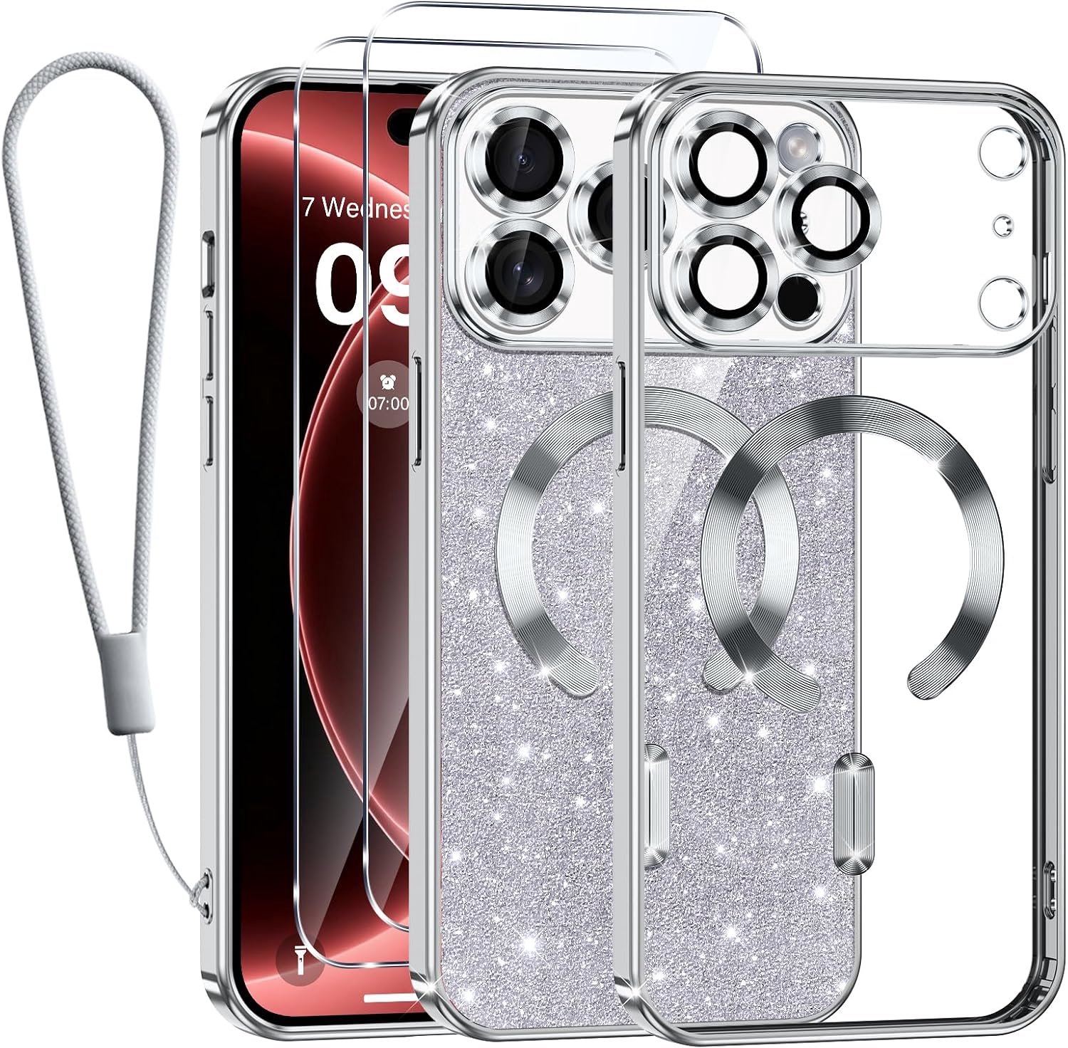 Zandarix Hoesje Geschikt voor Apple iPhone 18 Pro - Back Cover Hoesje - Geschikt voor Mag - Glanzend Glitter - 2x Screenprotector - Zilver