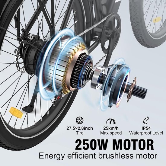 HITWAY BK18 - Elektrische Fiets - 27.5*2.8 Inch City Commuter EBike met Afneembare 36V 12Ah Lithium Batterij - Mountain E-Bike met 250W Motor - 7 Versnellingen - IP54 Waterdicht — afbeelding 5