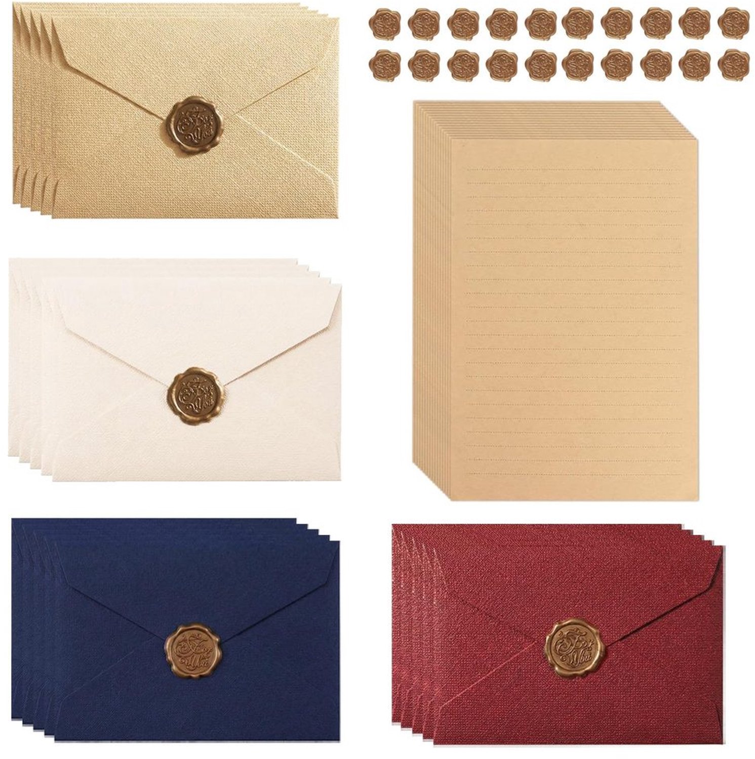 Briefpapier Vintage Set - 20 Vellen A5 Kraftpapier - 20 Enveloppen 11,4 x 16,3 cm - 20 Waszegel Stickers - Ideaal voor Huwelijksuitnodigingen - Perfecte Schrijfset - Schrijfpapier