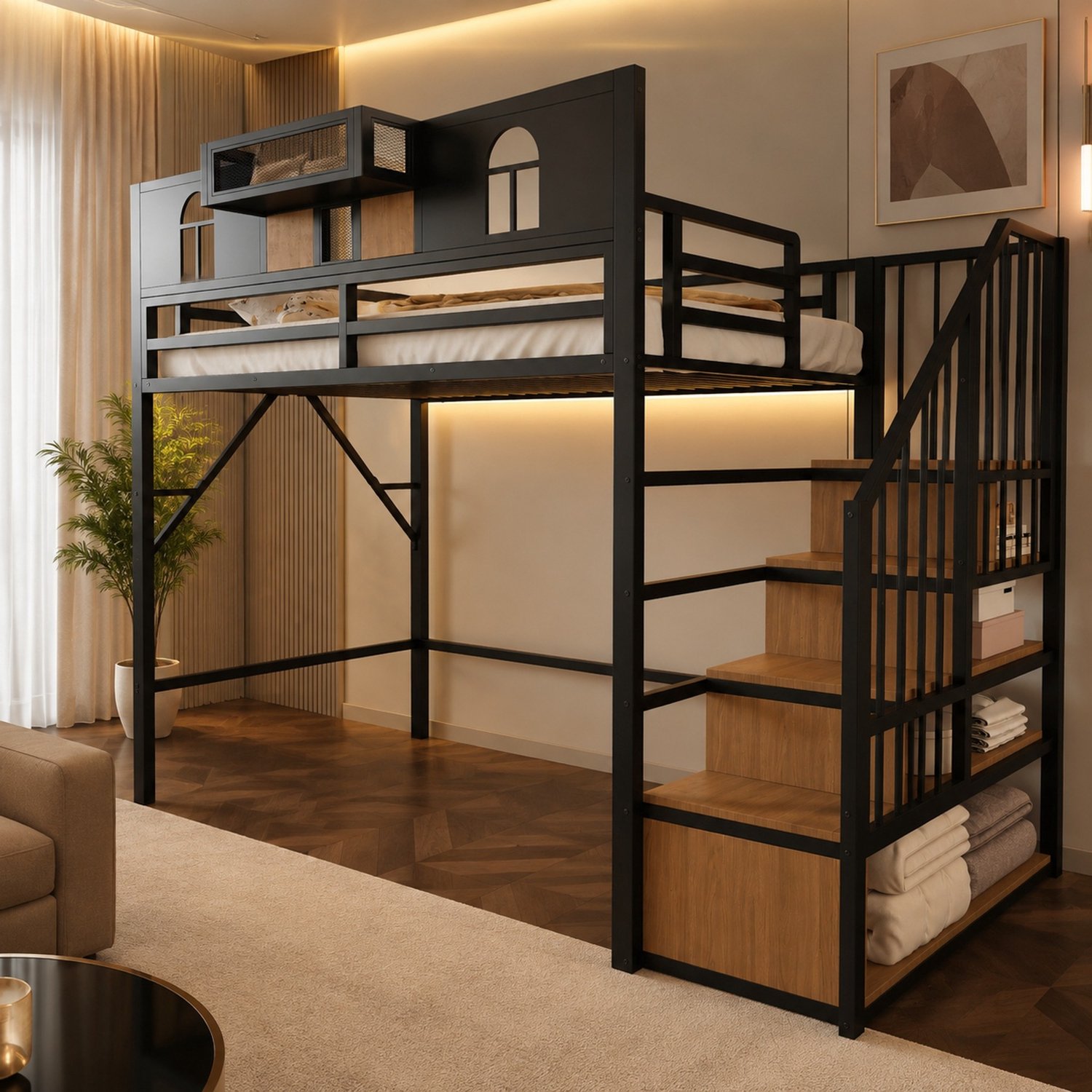 WUVRIE Metalen hoogslaper 90x200 cm - Opbergtrap, bedhek en lichtstrip - Zwart