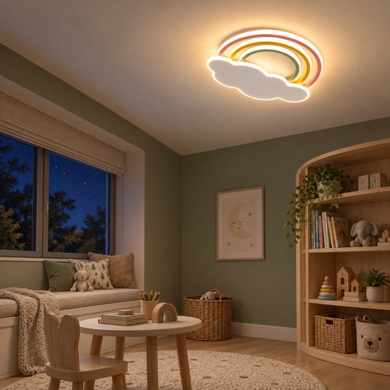 Speelkamer met regenboog- en wolkplafondlamp, houten meubels en decoraties in natuurlijke tinten.