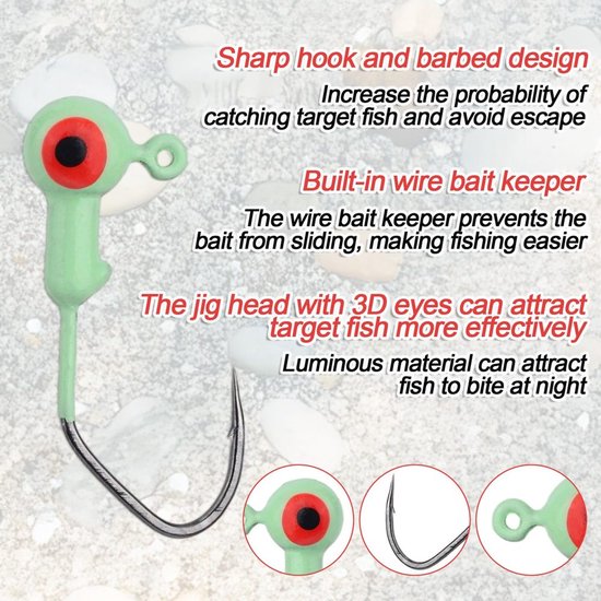 Jig Heads 40st - Glow in the Dark - Crappie Loodkoppen - 3D-Ogen - Lichtgewicht - Roestvrij Staal - Ideale Visaccessoires - Vishaken — afbeelding 3