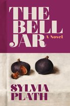 Boekomslag van The Bell Jar door Sylvia Plath met een paarse bovenkant en een schilderij van vijgen op een witte achtergrond.