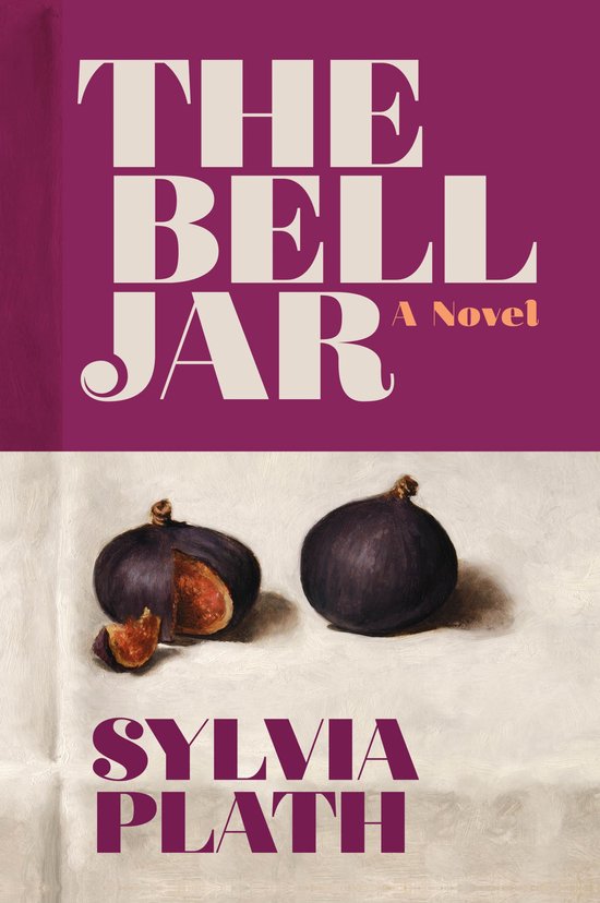Boekomslag van The Bell Jar door Sylvia Plath met een paarse bovenkant en een schilderij van vijgen op een witte achtergrond.