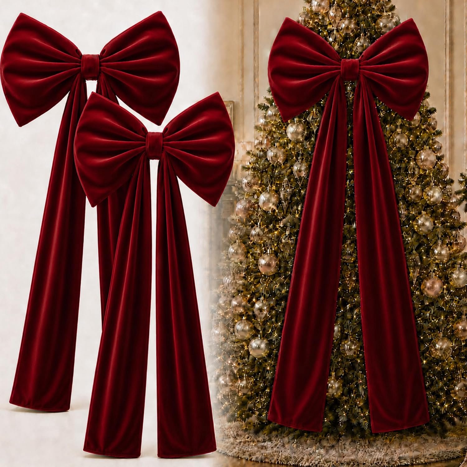 Set van 2 grote kerststrikken van fluweel (20 x 71 inch), dieprood