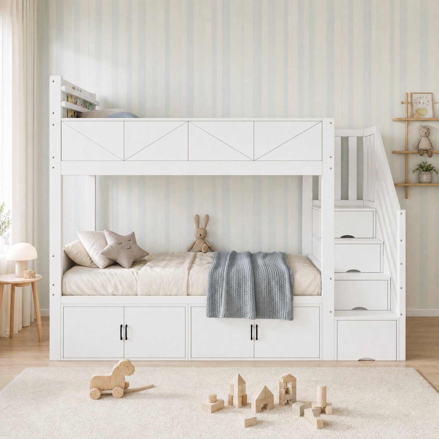 WUVRIE Stapelbed 90x200 cm - Met opbergtrap, kastruimte en uitvalbeveiliging - Wit