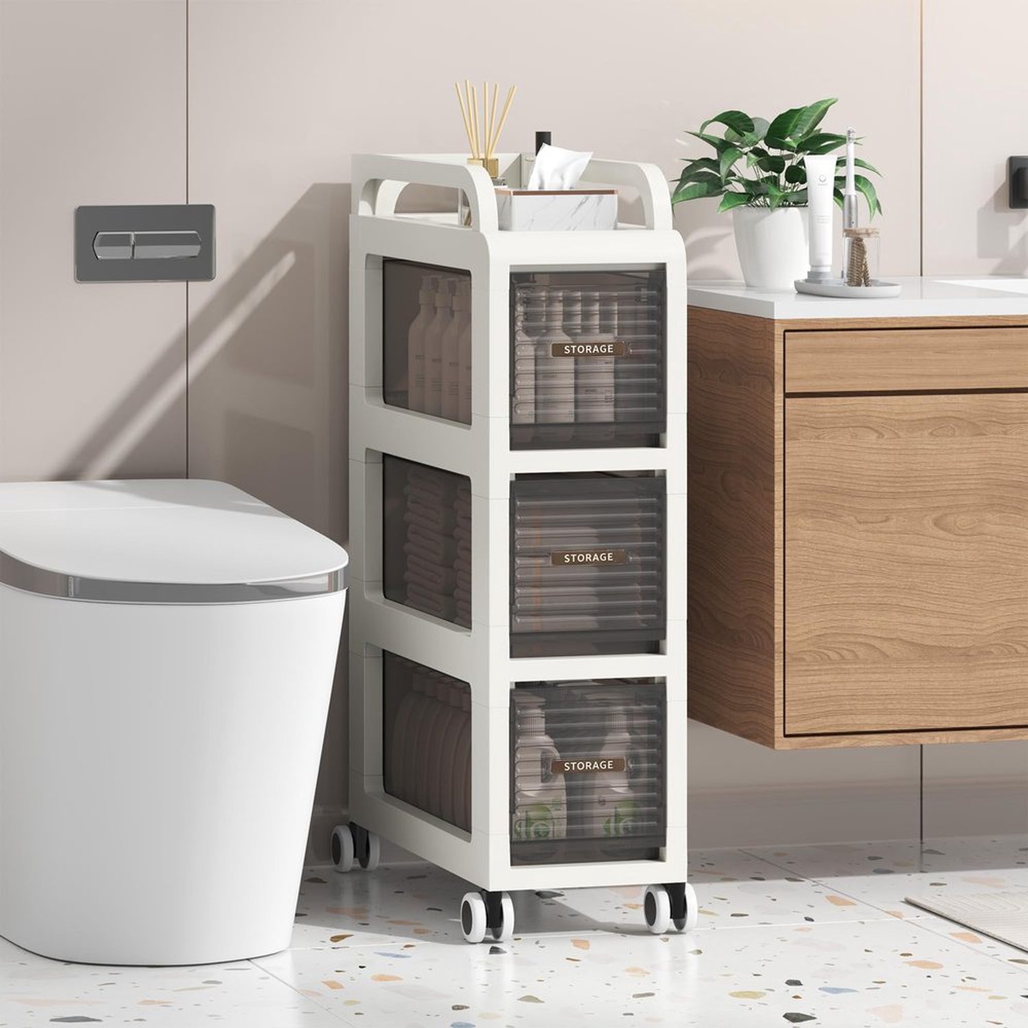 Badkamerkast op wielen - Slanke Opbergkast - Vrijstaande Kast - Smalle Kast - 20x41x65 cm - Geschikt voor Badkamer/Keuken