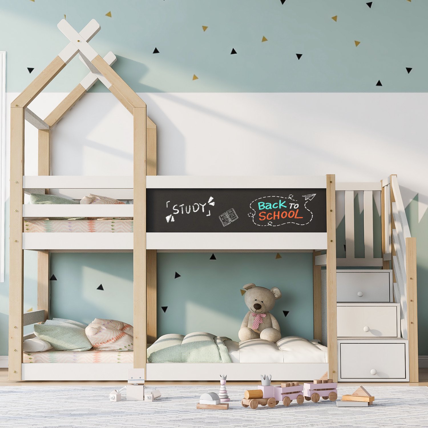 intebiki Stapelbed 90x200 - kinderbed in boomhutstijl inclusief krijtbord - met opbergruimte en valbeveiliging - hoogslaper voor kinderen – 2 lattenbodems – naturel & wit (zonder matras)
