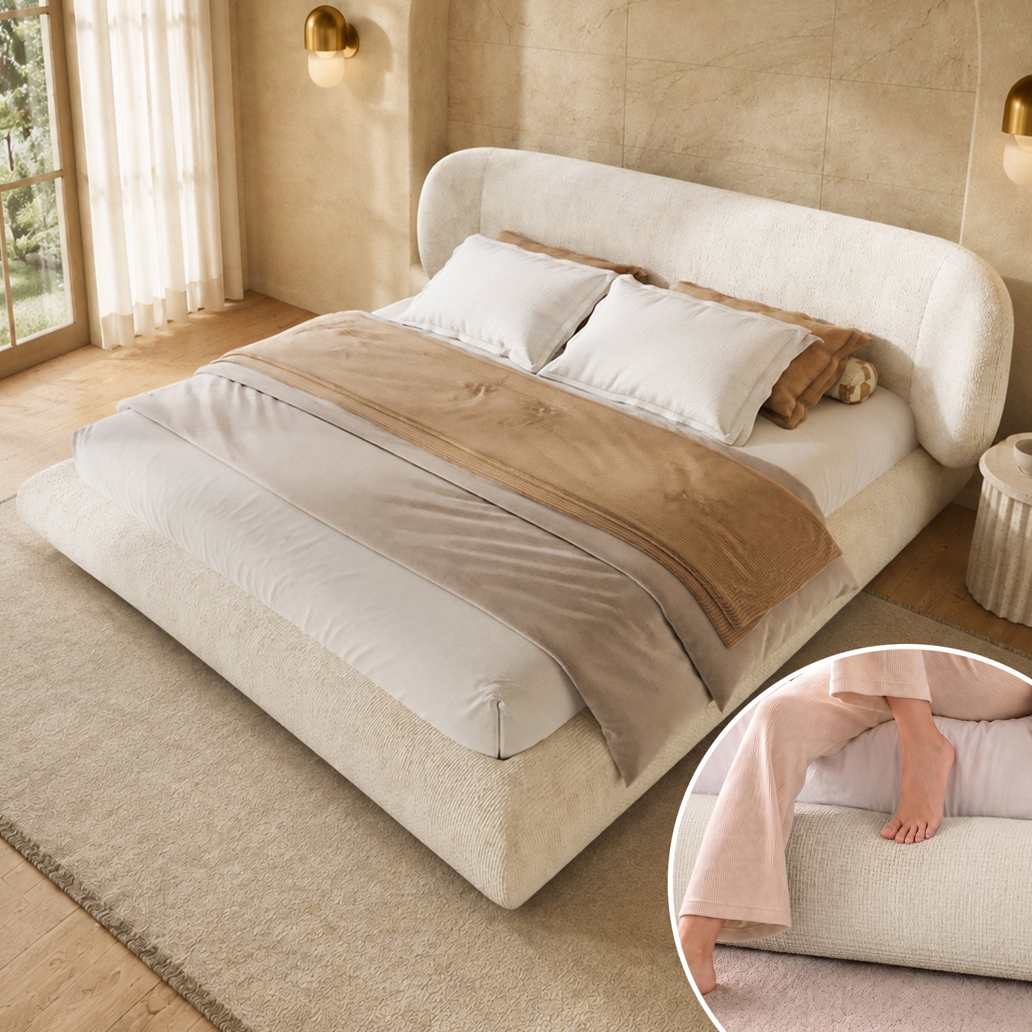 intebiki 180 x 200 cm bed - gestoffeerd bed - tweepersoonsbed - kinderbed met lattenbodem en hoofdeinde - afgeronde hoeken - zeer elastisch schuim - huidvriendelijke chenille - houten frame - beige (exclusief matras)