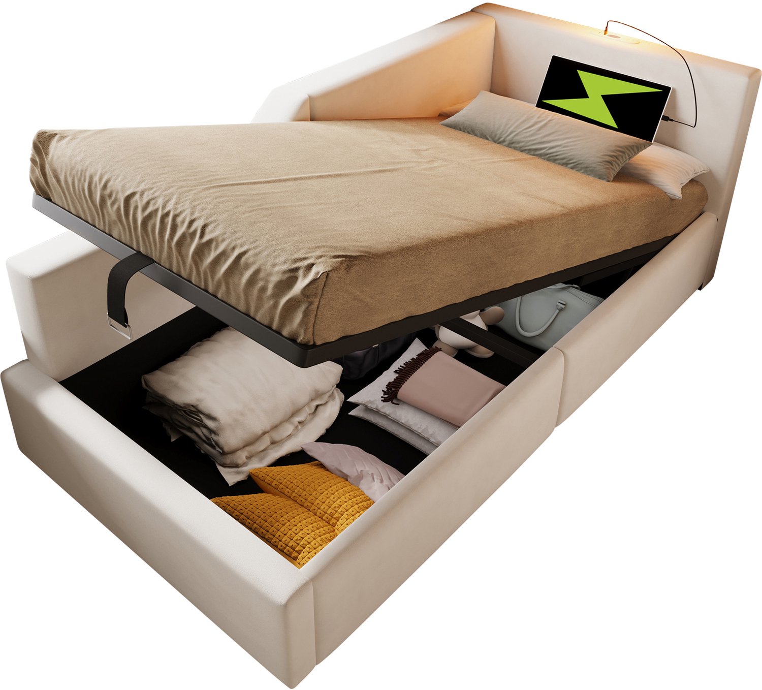 Welltin Dagbed 90x190 cm - bedbank met opbergruimte - hydraulische lattenbodem - USB-C en leeslamp – eenpersoonsbed zonder boxspring – beige fluweel voor slaapkamer of logeerkamer
