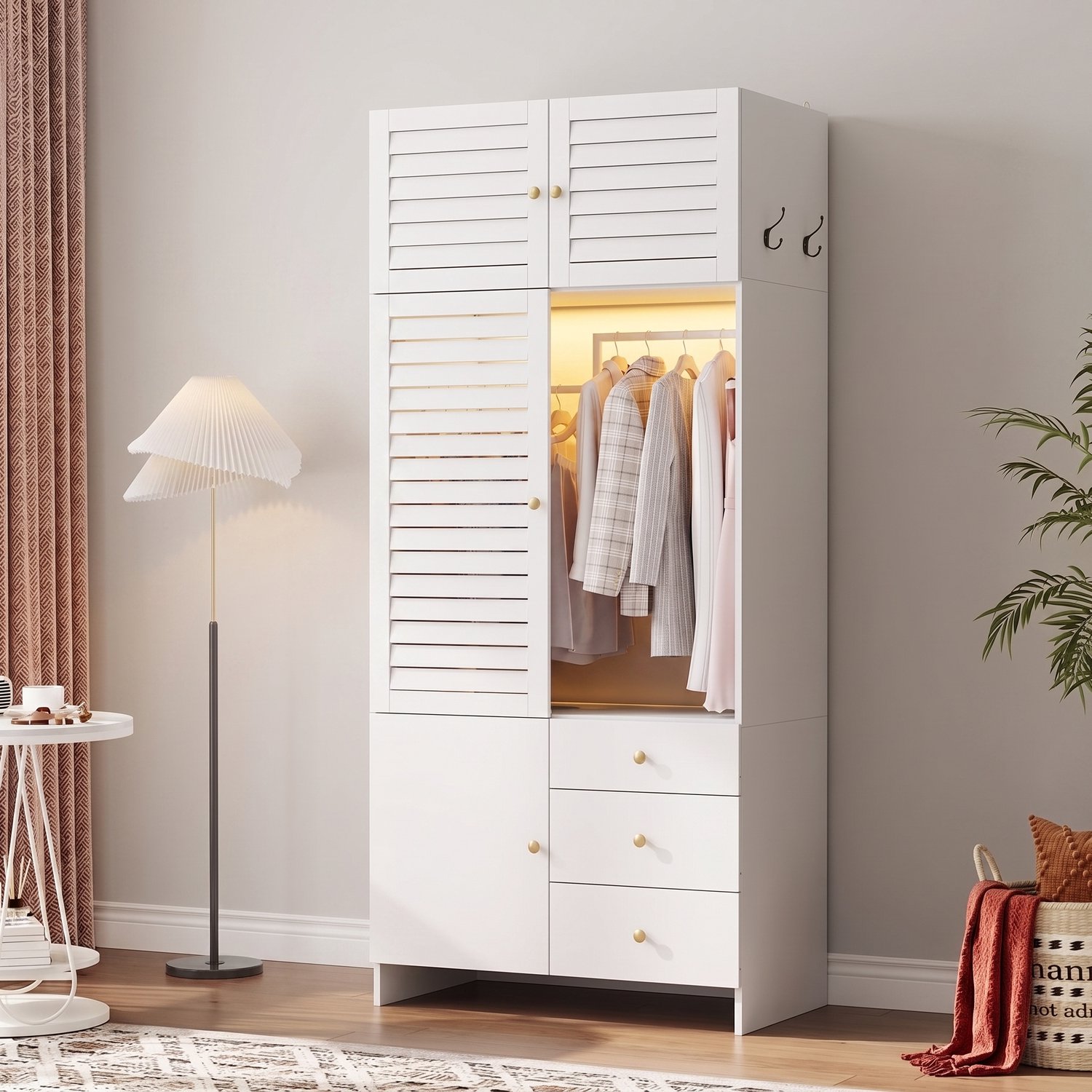 Zubaliya Kledingkast - 90 x 50 x 200 cm - Wit - LED, wasmand en 3 lades