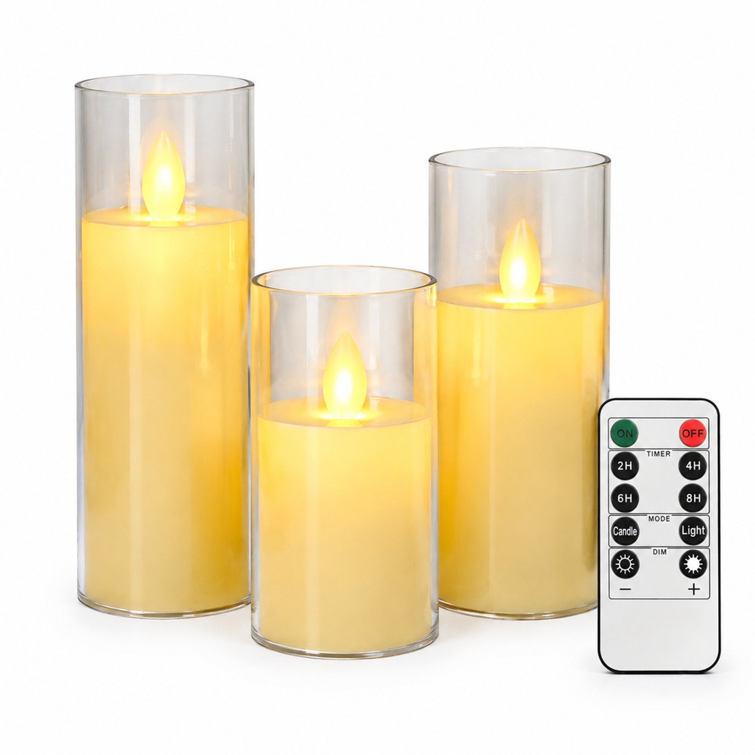 led kaarsen, set van 3, ivoor met bewegende vlam en transparante kap, met afstandsbediening, diameter 5,5 cm, hoogte 10/12,5/15 cm