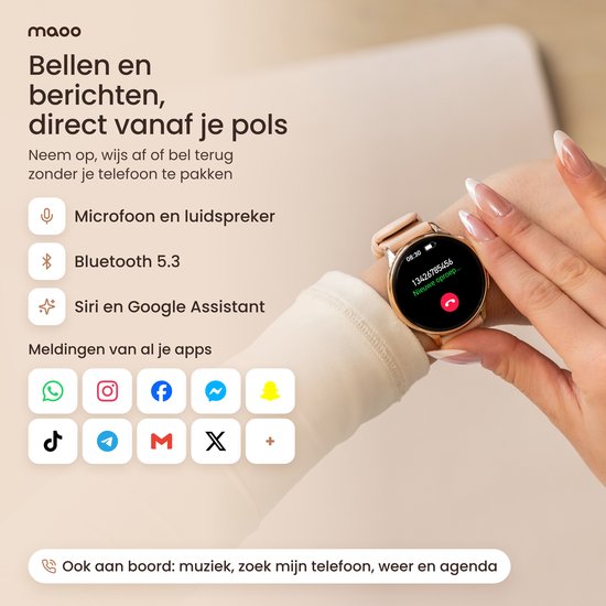 Vrouw met rosé gouden smartwatch, toont inkomende oproep van 13426785456 en app-pictogrammen voor communicatie.