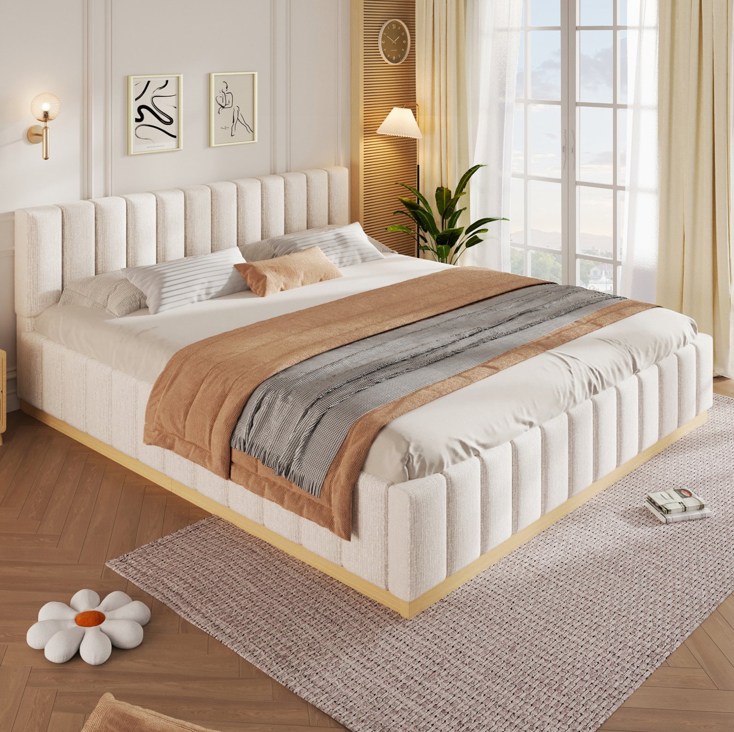 WUVRIE Gestoffeerd tweepersoonsbed 180x200 cm - Lattenbodem en hoofdbord - Beige chenille
