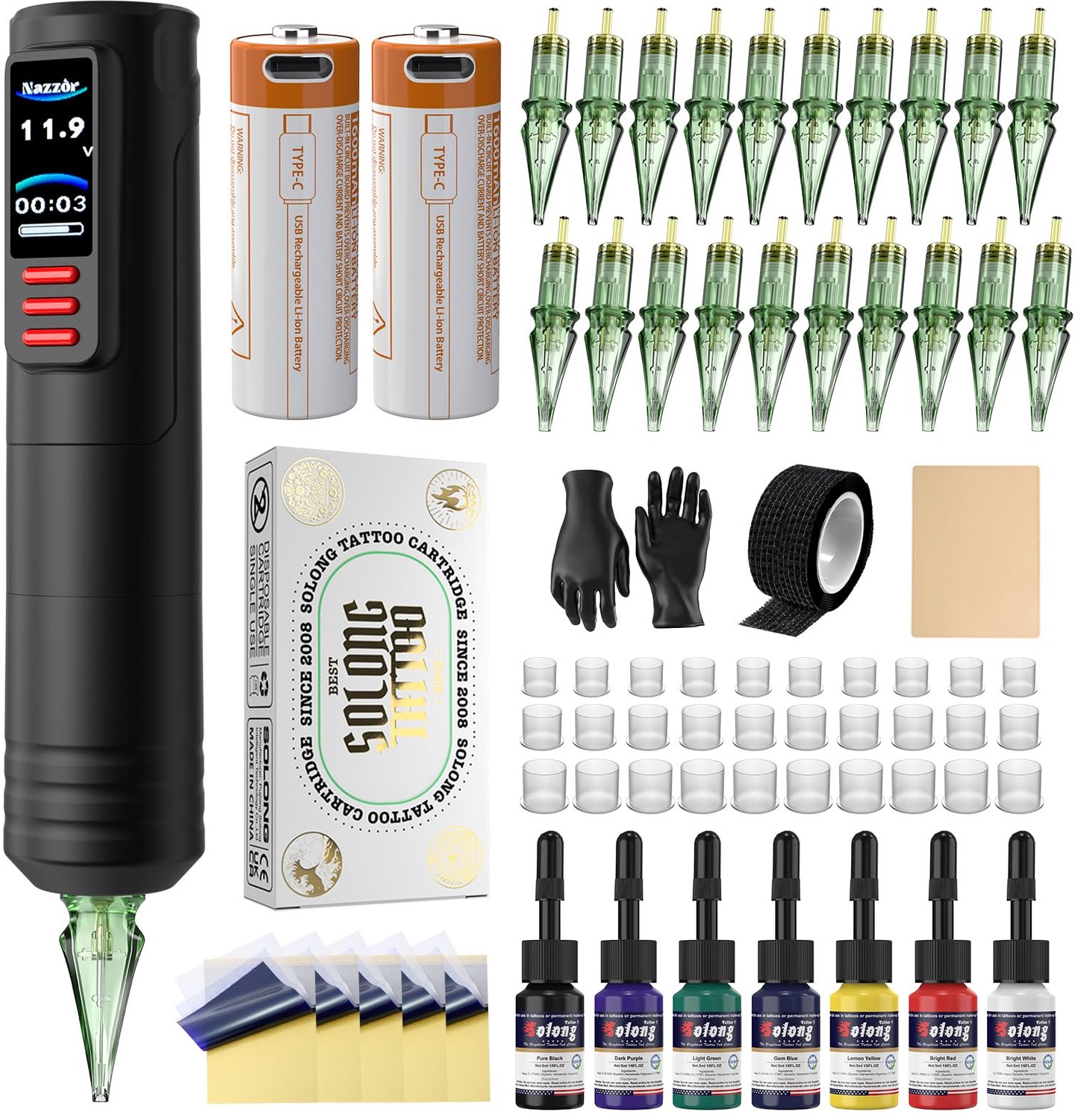 Professionele Draadloze Tattoo Gun Kit met 20 Tattoo Naalden en Inkt