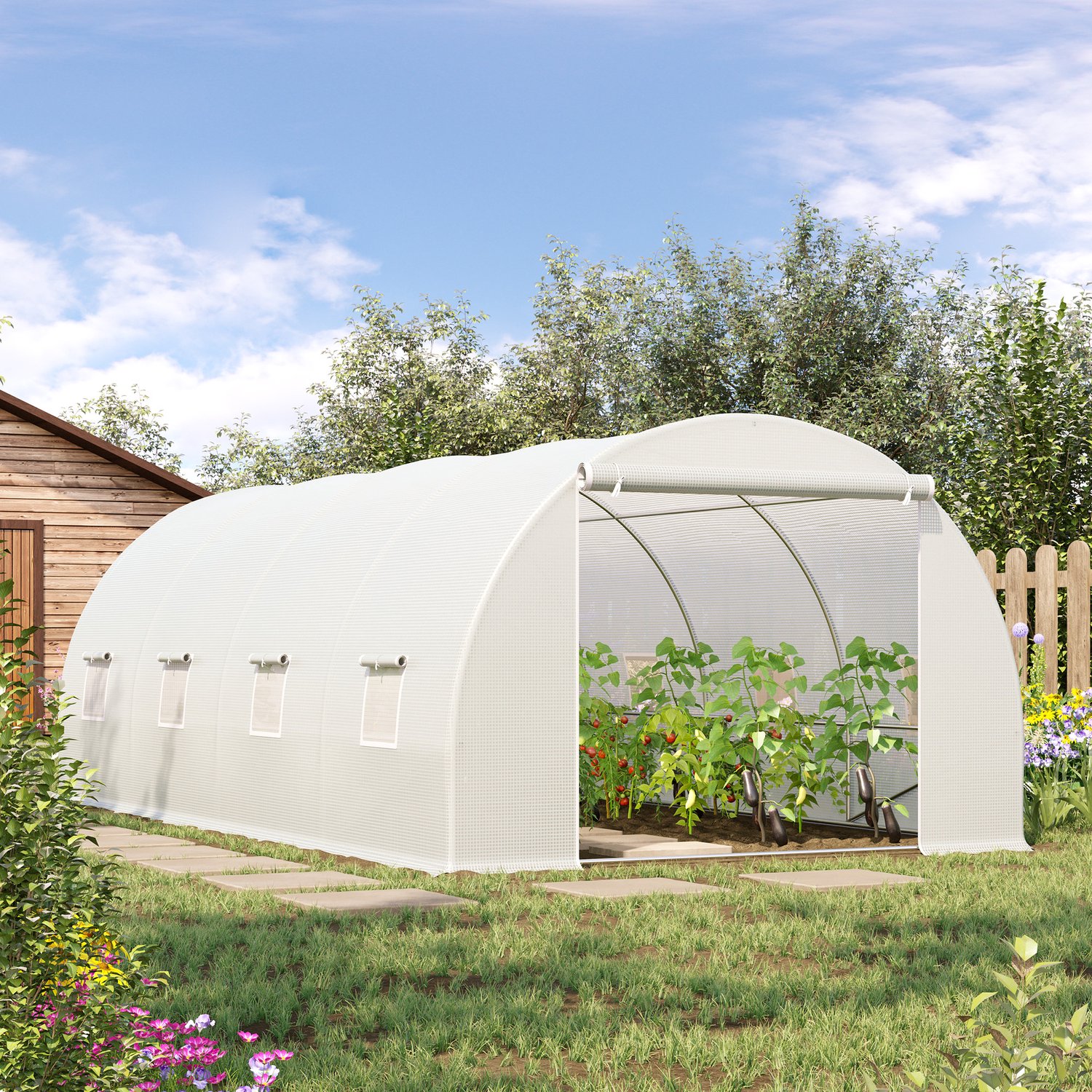 Tuinkas, metaal, kweekkas, plantenkas, broeikas, groentekas en tuinserre, eenvoudig ontwerp, stevig en duurzaam, praktisch en decoratief, geschikt voor tuin, binnenplaats en balkon, voor groenten en planten, 595×300×200 cm, wit – foto 4