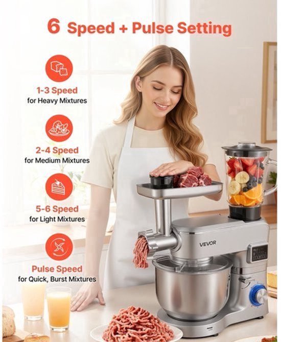 Keukenmachine Elektrisch - 1500 W Vermogen - 5,7 L Roestvrijstalen Kom - ABS Materiaal - Zilver Kleur - Multifunctioneel Mixer — afbeelding 4
