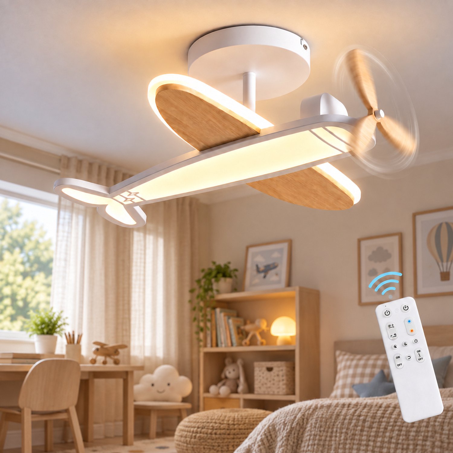 Epochglo LED Plafondlamp Vliegtuig met Afstandsbediening - Kinderkamerlamp met Houten Propeller - Draaibare en Bewegende Propeller - 53cm - 40W 3400LM - Dimbaar 3000-6500K - Nachtlampstand - Timer - Geheugenfunctie - voor Kinderkamer en Slaapkamer