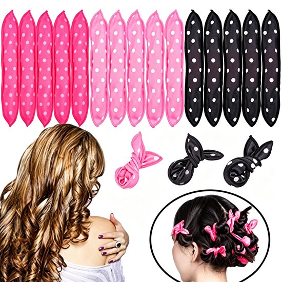 Set van roze en zwarte gestipte haarrollers en voorbeelden van het eindresultaat in het haar.