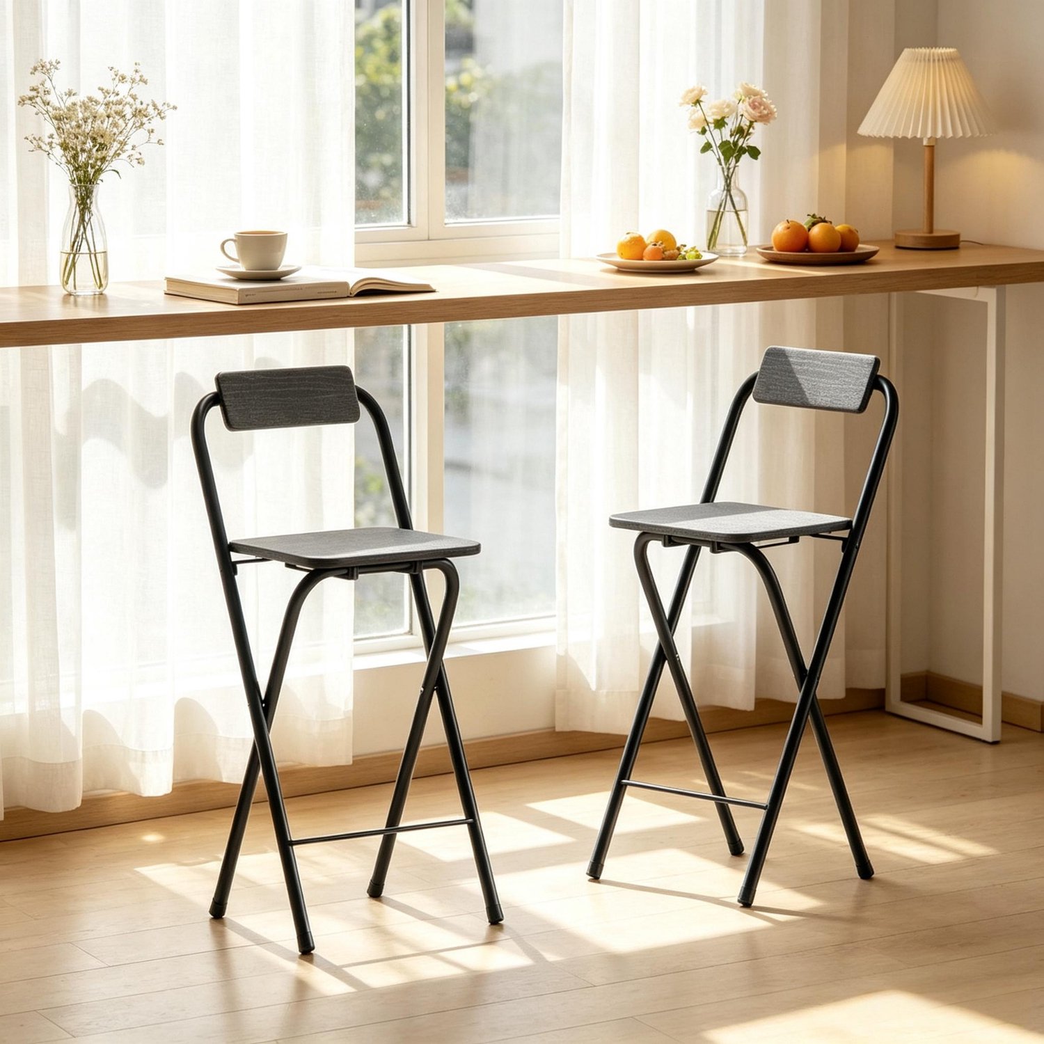 FloraGrace Barkruk 87 Cm - Opvouwbaar Met Rugleuning En Voetsteun - Set Van 2 Voor Keuken Of Bar - MDF En Staal - Zwart