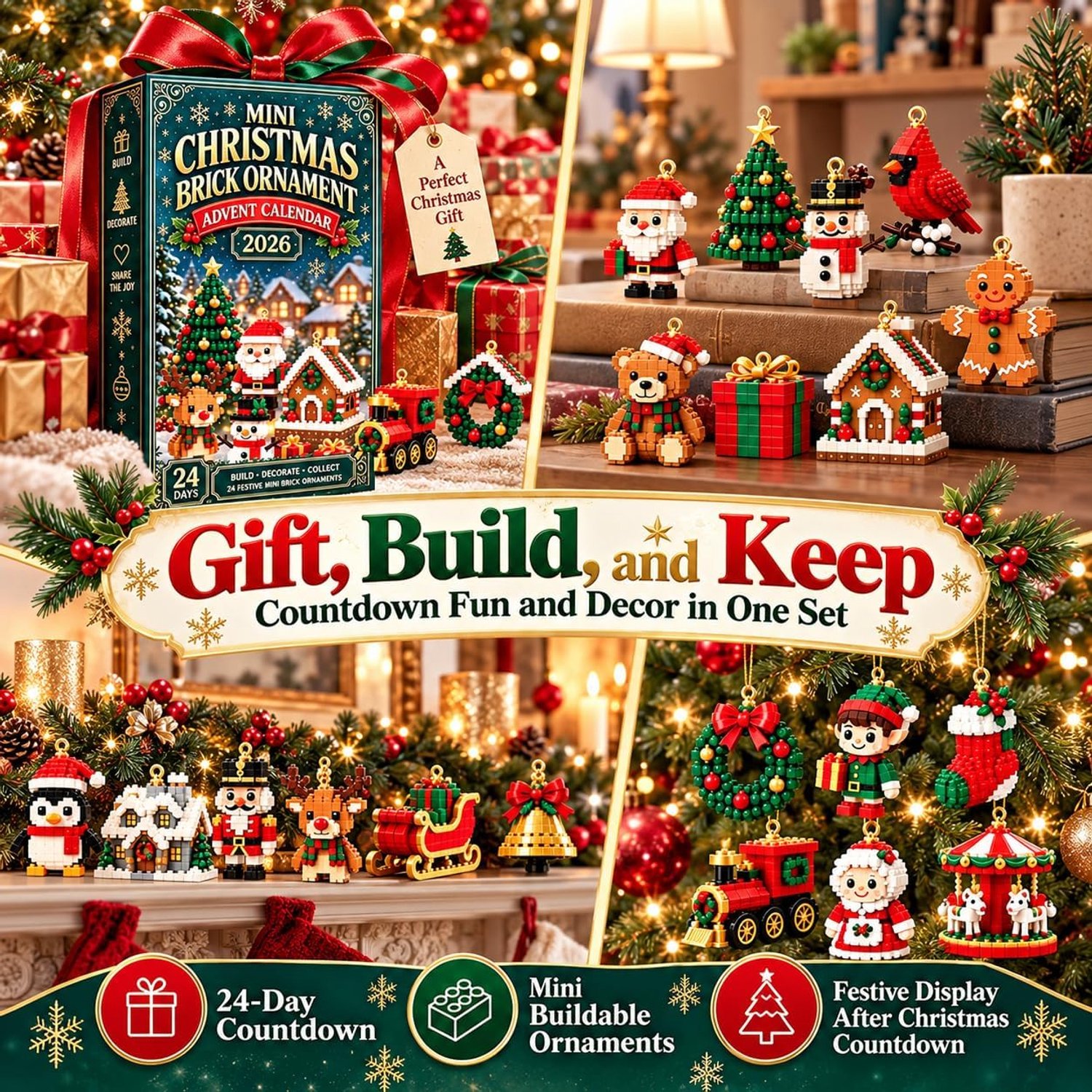 Adventskalender 2026 - Kerstkalender - 24 Dagen Bouwsteen Ornamenten - Bouwblokken - Kinderspeelgoed - Met Ophanglus - Mini-steentjes Voor Boom, Slinger Of Mantel - Geschikt voor Kerstfeest en Interieur Decoratie – foto 8