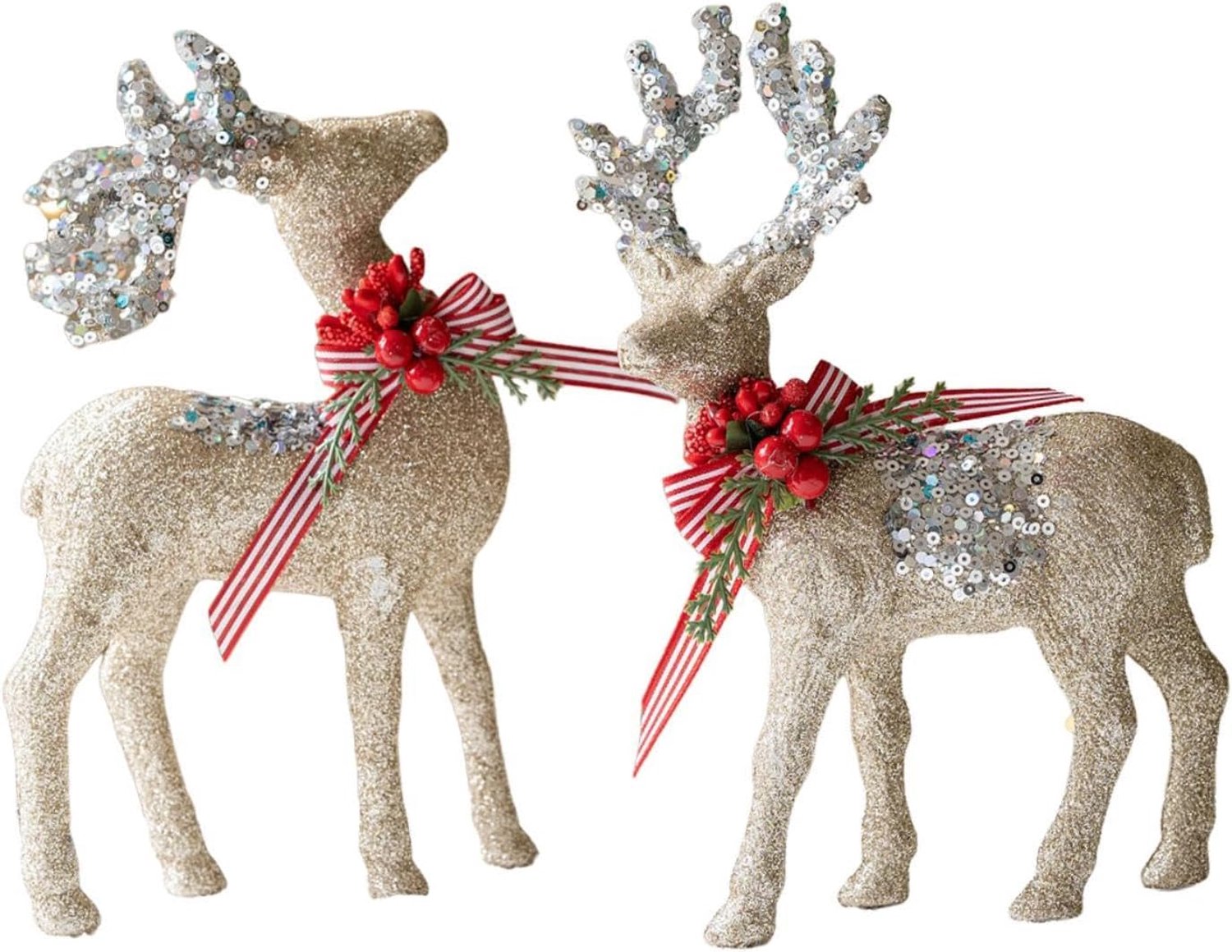 Set van 2 rendierbeeldjes – decoratieve dierenfiguren voor op tafel, voorzien van een glinsterend gewei – ideaal voor kerstetalages of in huis, kleur: champagne