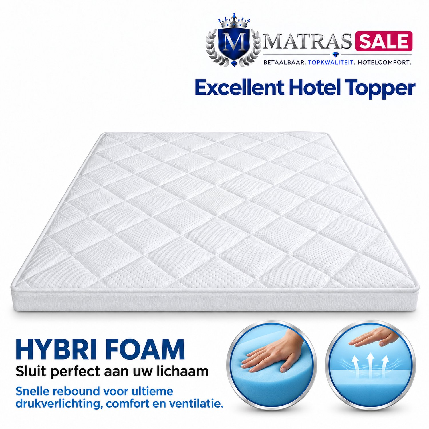 Matrassale Topper 180x210 - Hotel Excellent topdekmatras - HR Hybri-Foam - Extra Dik - Tencel - Afneembare & Wasbare Hoes wit