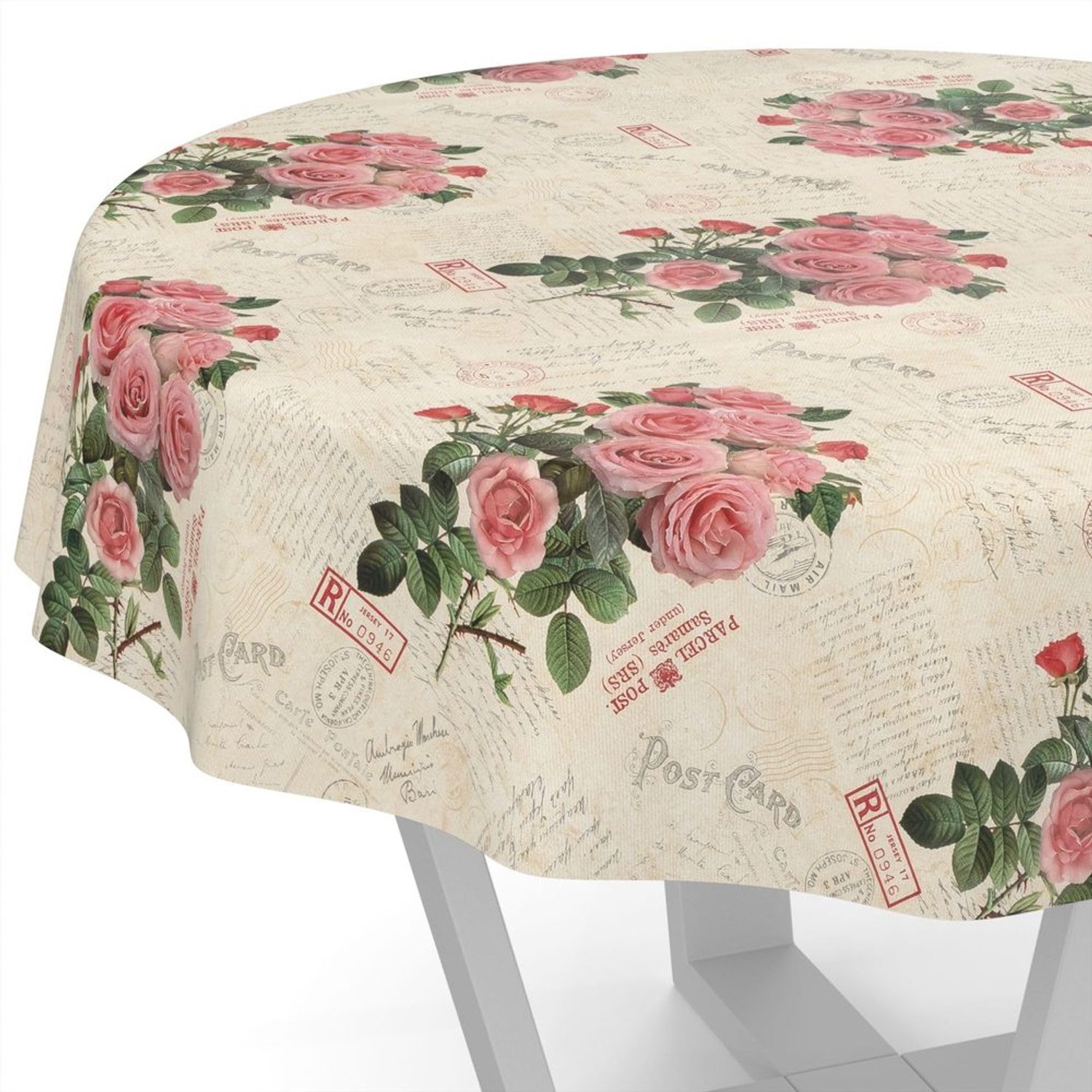 Wasbare Oliekleed Tafelkleed met Postkaart Rozen - Rond 140 cm
