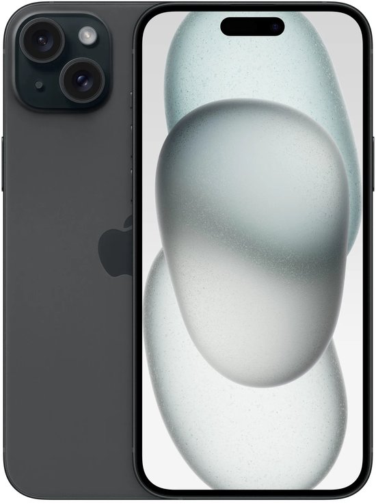 Zwarte iPhone met scherm zichtbaar, toont abstracte grijze bollen en dubbele camera aan achterzijde.