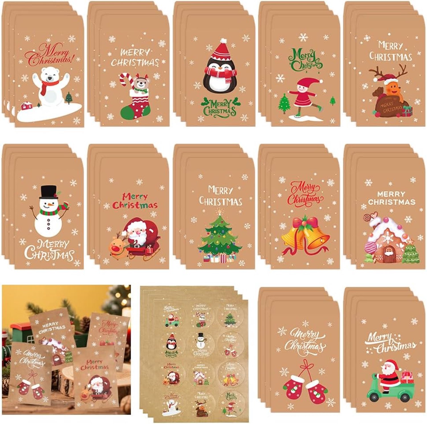 Kerstcadeauzakjes - 48 Stuks - Papieren zakjes - Kerstzakjes - Papieren Tassen - DIY Adventskalender - Kleine cadeautasjes - Mini Kerstgiftzakjes met Stickers - Snoepzakjes voor koekjes, bonbons, chocolade en andere feestartikelen - 11 x 7,7 cm