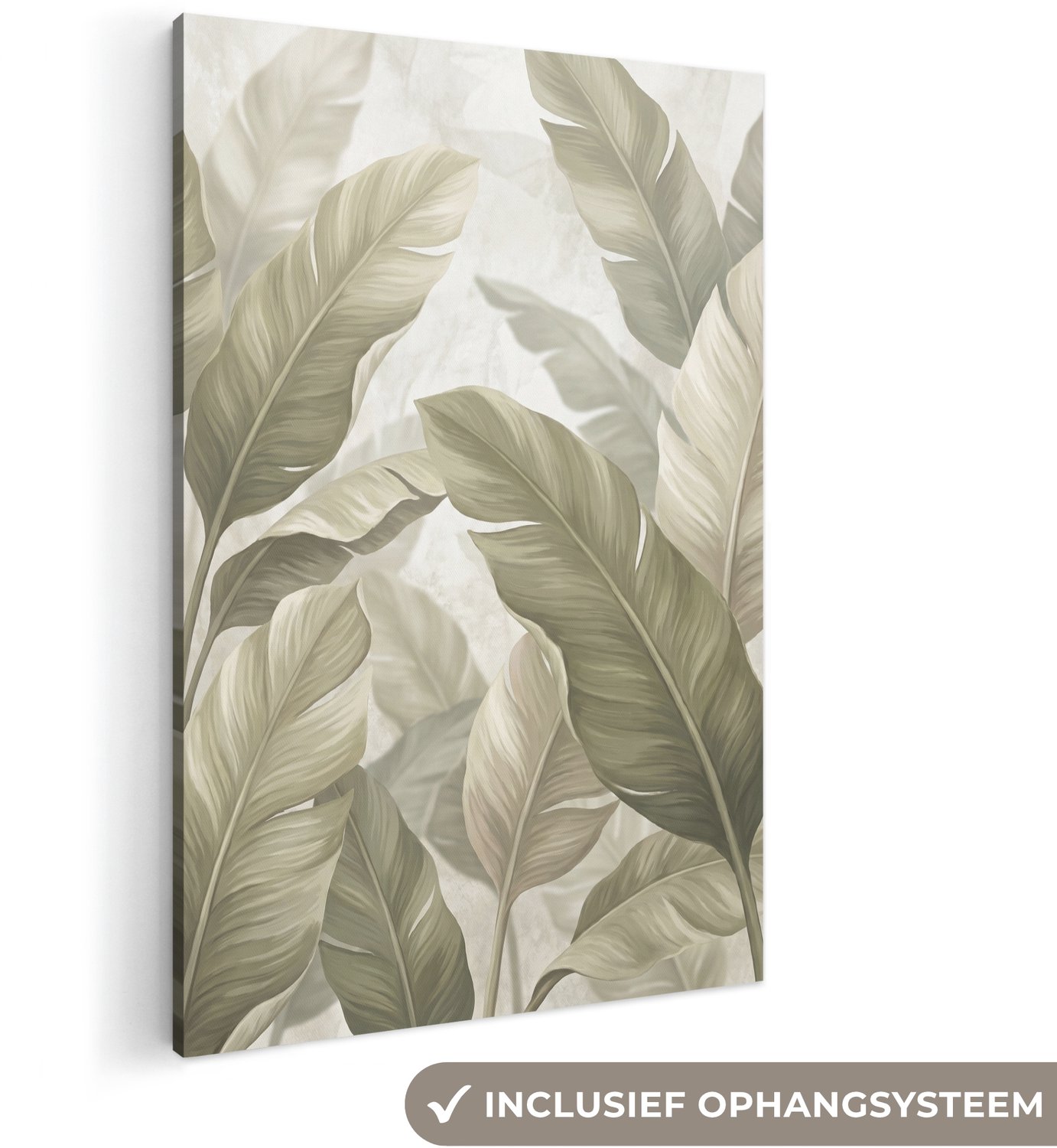 Canvas schilderij 120x180 cm - Exclusieve wanddecoratie Bladeren - Tropisch - Natuur - Abstract - Beige - Muurdecoratie woonkamer - Slaapkamer decoratie - Kamer accessoires - Schilderijen op canvas groot XXL