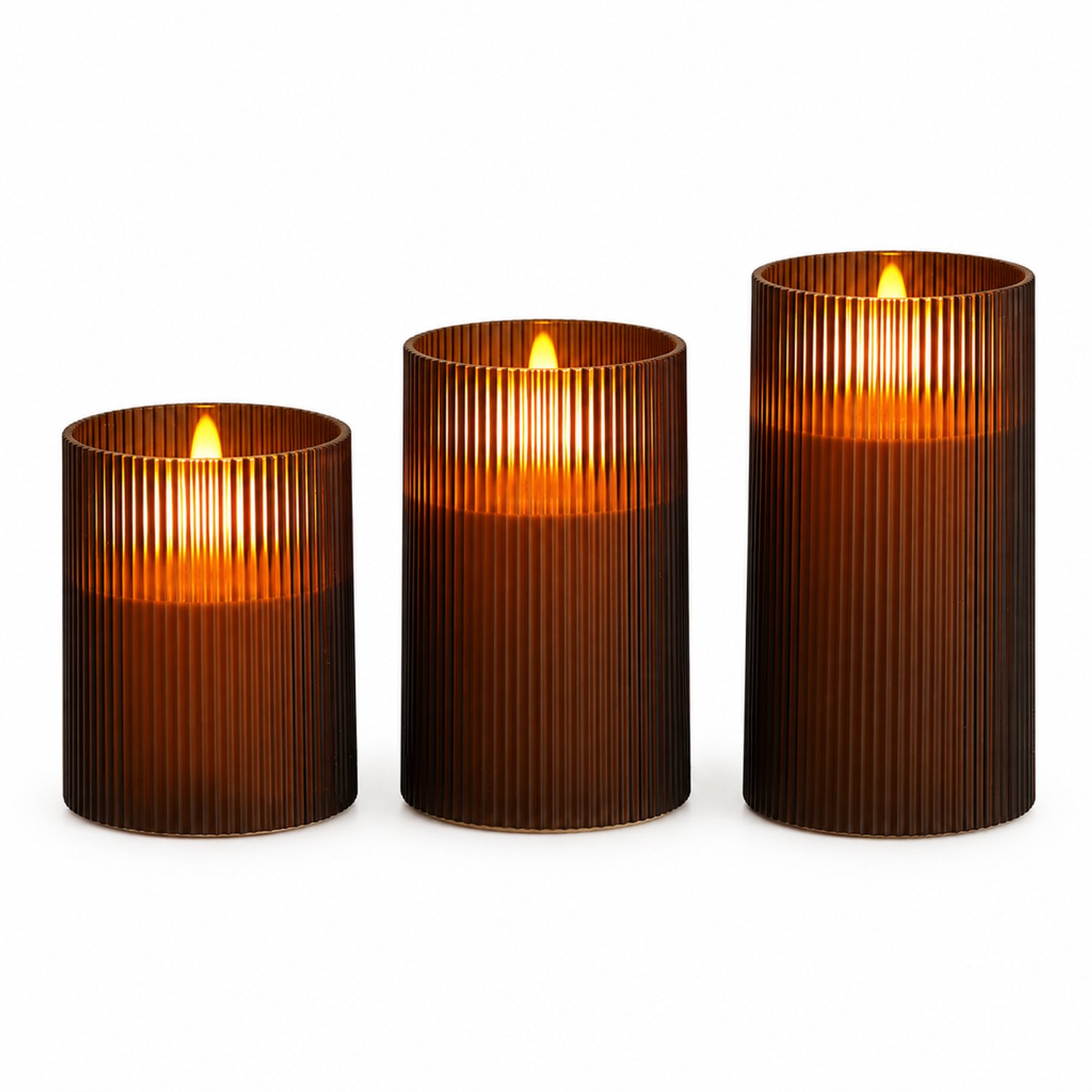 led kaarsen set van 3 - Grijze geribbelde behuizing met vlamvormig element - 8 x 10/12,5/15 cm - Decoratieve sfeerverlichting