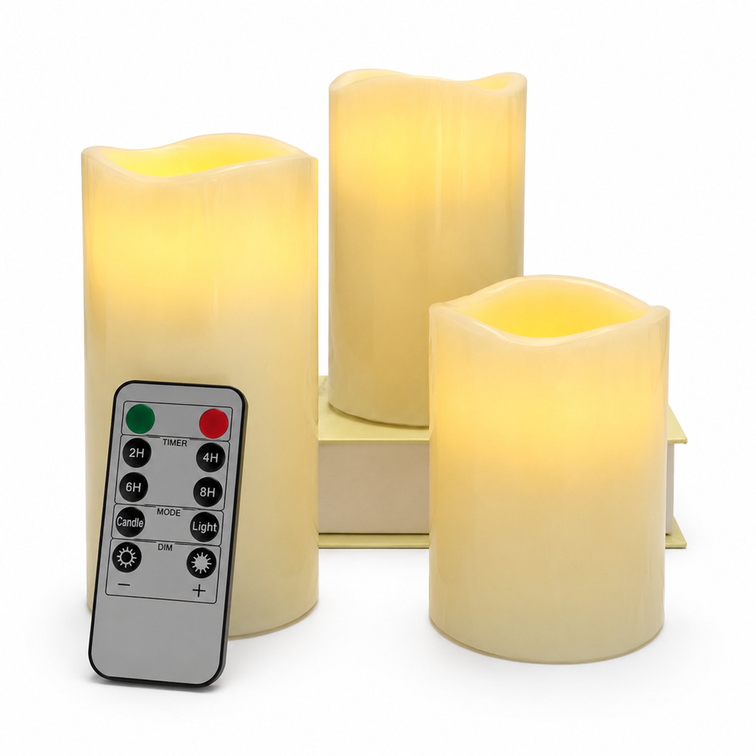 led kaarsen set van 3, ivoorwit, paraffine en ABS, vaste vlam en warmgeel licht, Ø 7,5 cm, hoogtes 10/12,5/15 cm, met 1 afstandsbediening