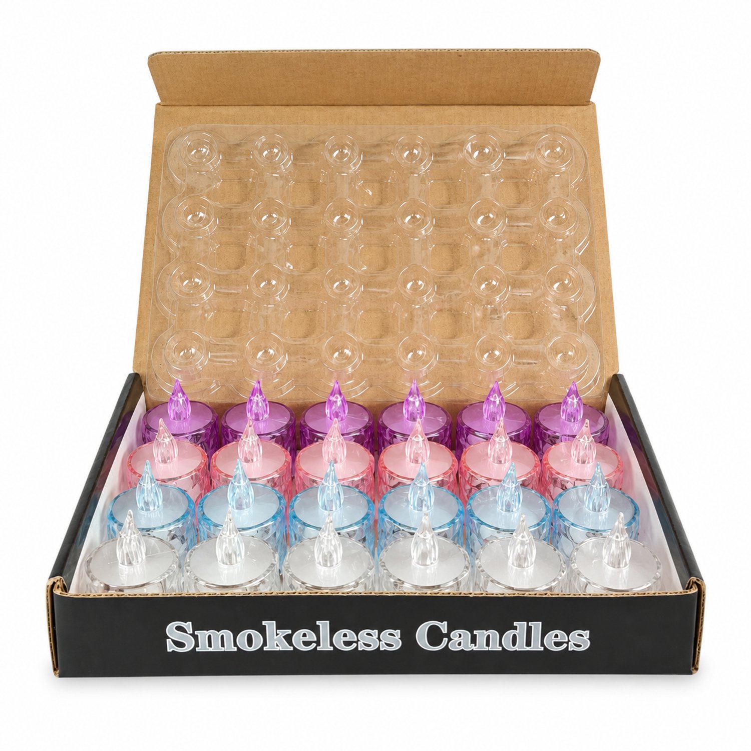 led kaarsen, 24 stuks, 3.8 × 5 cm, kristallook met ruitvormige facetten en vlamvormige top, decoratieset in doos met inlegtray