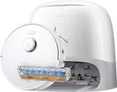 Witte Roborock robotstofzuiger met roterende dweilmodule en bijbehorend oplaadstation.