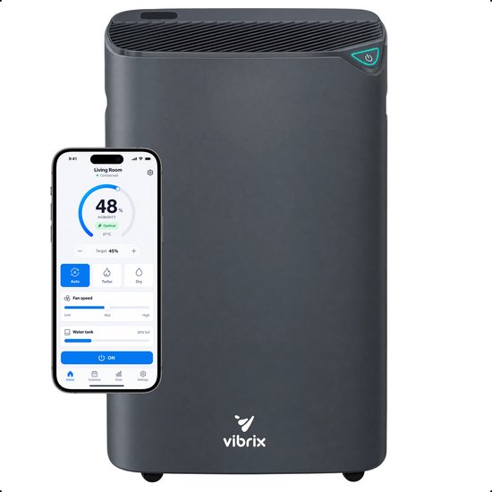Vibrix DryFlow20 Pro Luchtontvochtiger & Luchtreiniger – 20L per dag – Bediening via App – Ionisator & UV-licht – Wasdroogfunctie – Energiezuinig – Voor Badkamer, Kelder en Zolder – Dehumidifier