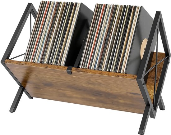 Vrijstaande vinylhouder van bruin hout met zwart metalen frame in diamantvorm.