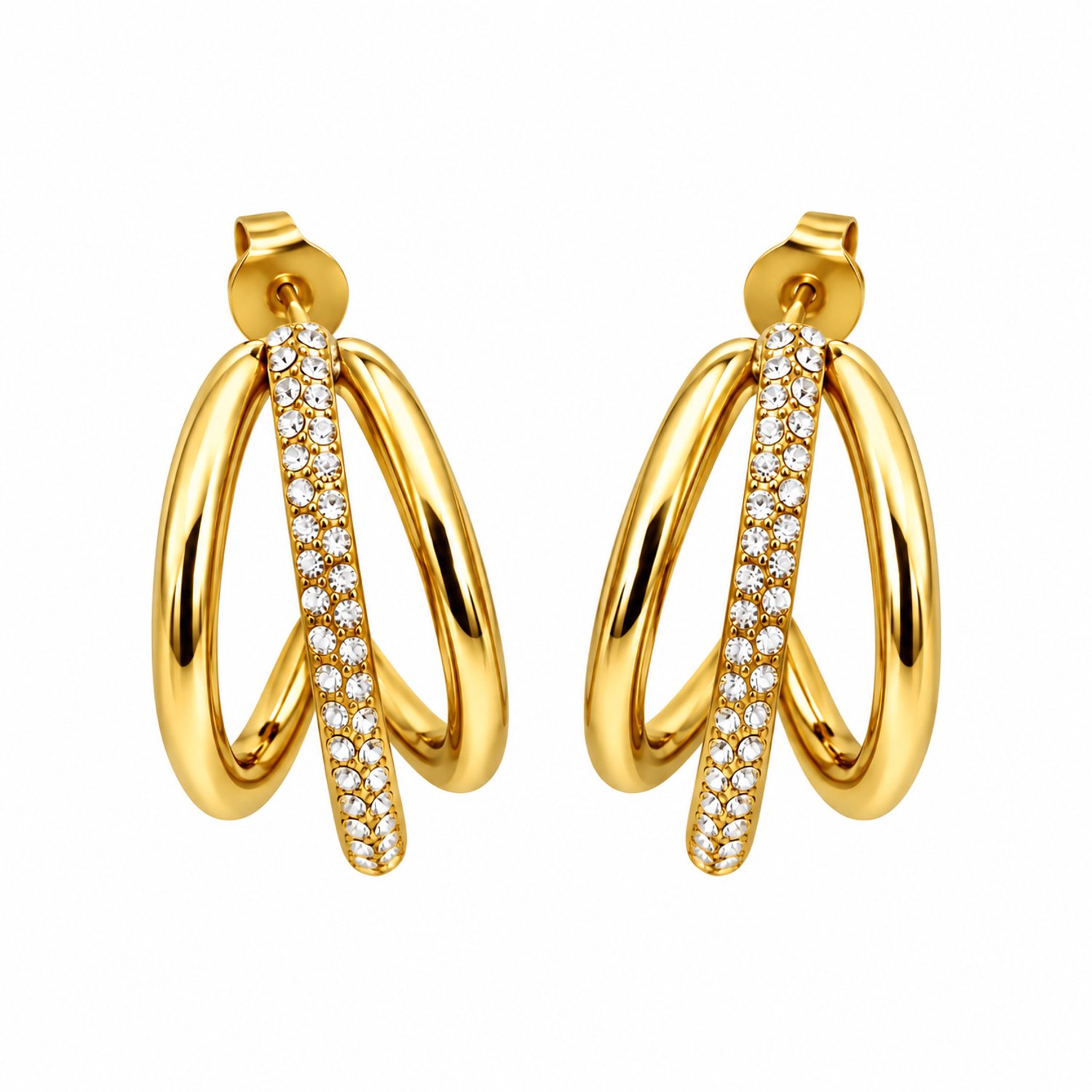 Engravia by Derya – Triple Hoop Oorbellen Dames – Stainless Steel – Goudkleurig met Zirkonia – 2 cm – Elegant Cadeau voor Haar