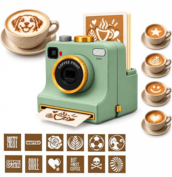 Groene koffieprinter met 12 verschillende sjabloonkaarten, waaronder hartjes, rozen en tekst.