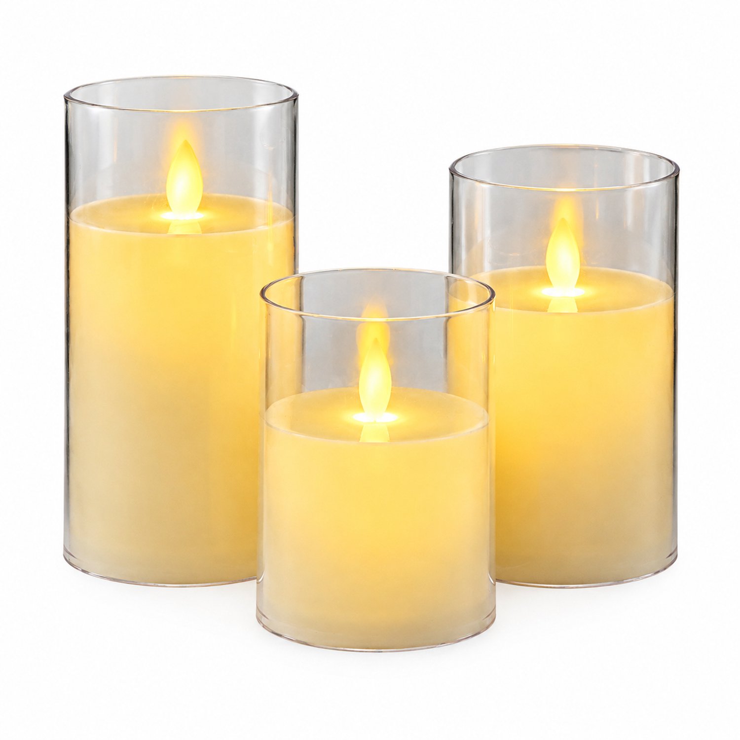SWGOTA led kaarsen, set van 3, ivoorkleurig met bewegende vlam en transparante kap, 7,8 x 10/12,5/15 cm, voor kerstdecoratie