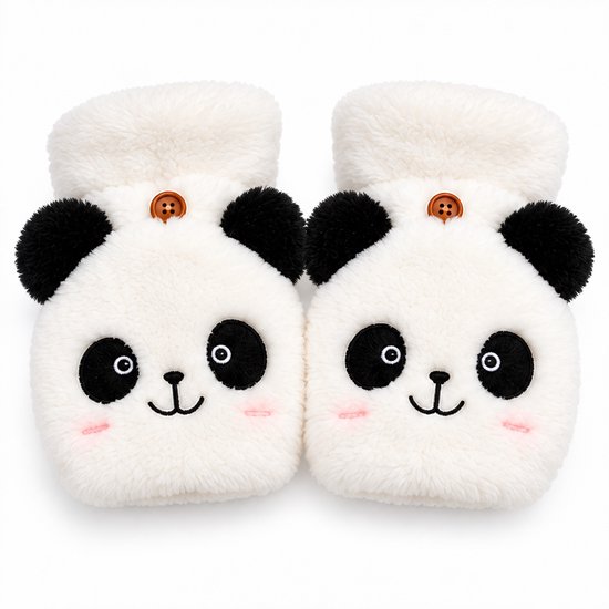 Twee witte pluche vingerloze handschoenen met geborduurd panda-gezicht en bruine knoop.