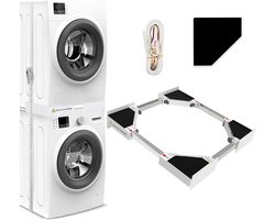 Wasmachine Droger Tussenstuk 46-66 cm – Verstelbaar En 100 kg Draagvermogen En 8 Antislipkussens – Met Veiligheidsriem En Uitschuifbaar Plateau – Wit