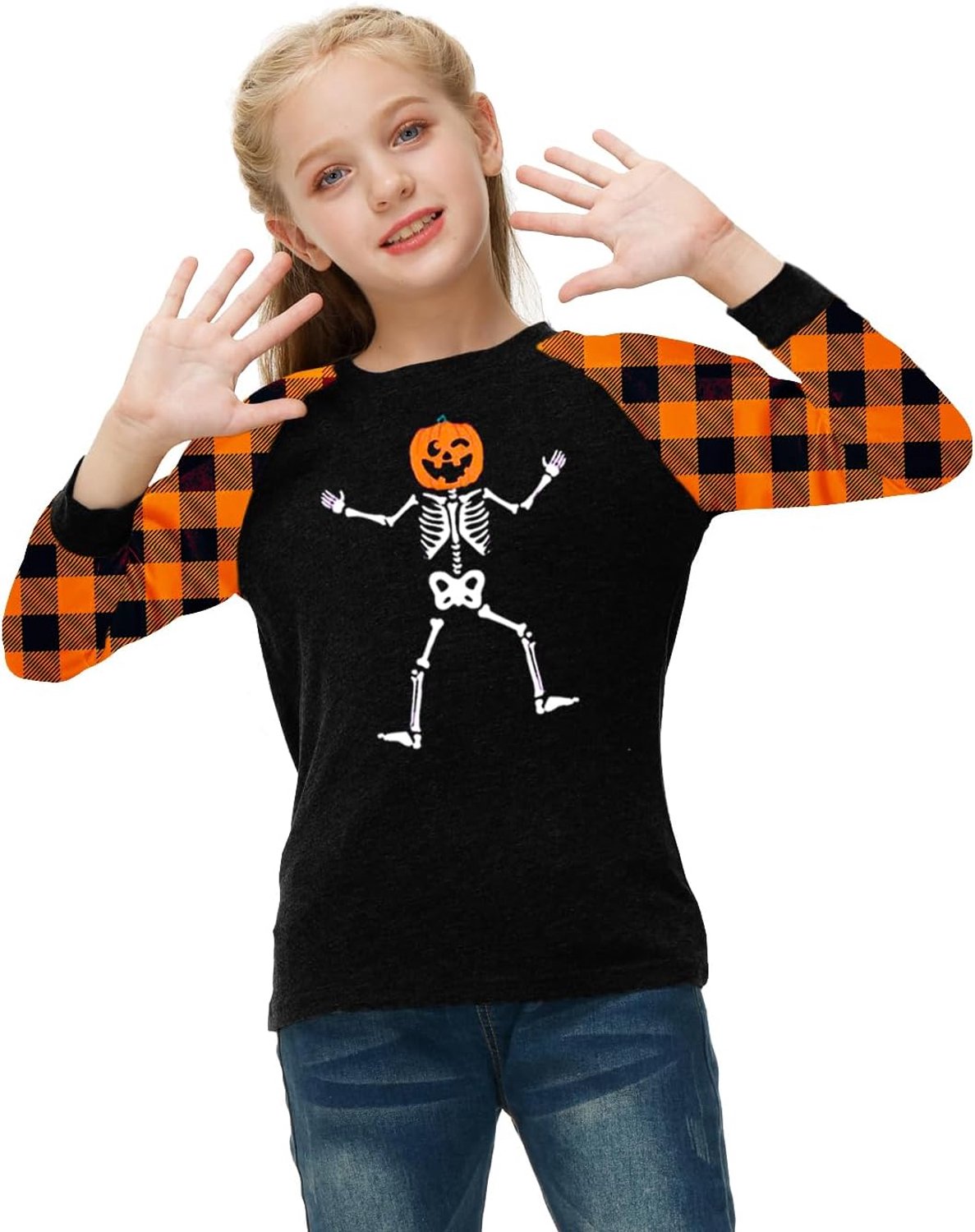 Halloween Langarm Shirt Oranje Ruit Patroon 116-164