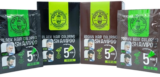 Assortiment van Men's Master zwarte en bruine haarkleurshampoo in zakjes en dozen met hennepolie.