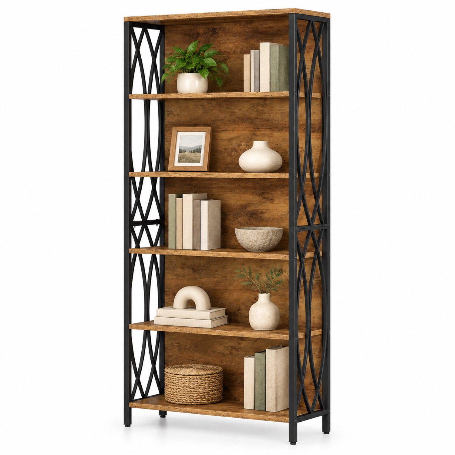 DMG Supply Boekenkast met Achterwand - Open Kast - Boekenrek met 5 Lagen - Decoratieve Zijpanelen - Industrieel - Bruin/Zwart - 80 x 28 x 180 cm