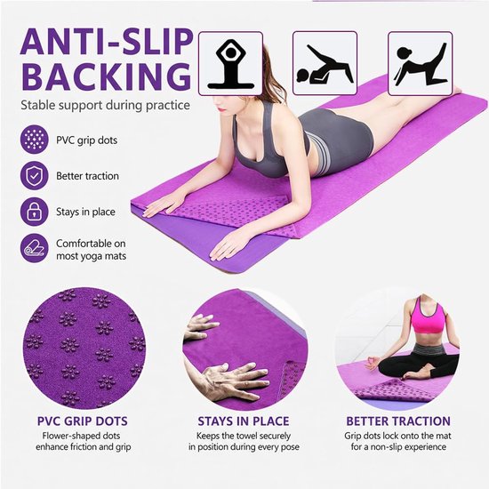 Microvezel Hot Yoga Handdoek, Yoga Mat 183x63cm Antislip Fitnessdoek Zacht Ademend Antislip Yogadoek Geschikt voor Fitness Training (183x63cm, klassiek lila) — afbeelding 3